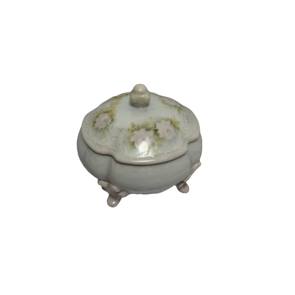 Vintage Ceramic Powder Jar/Trinket Box, Off White with Handpainted Pink Roses
